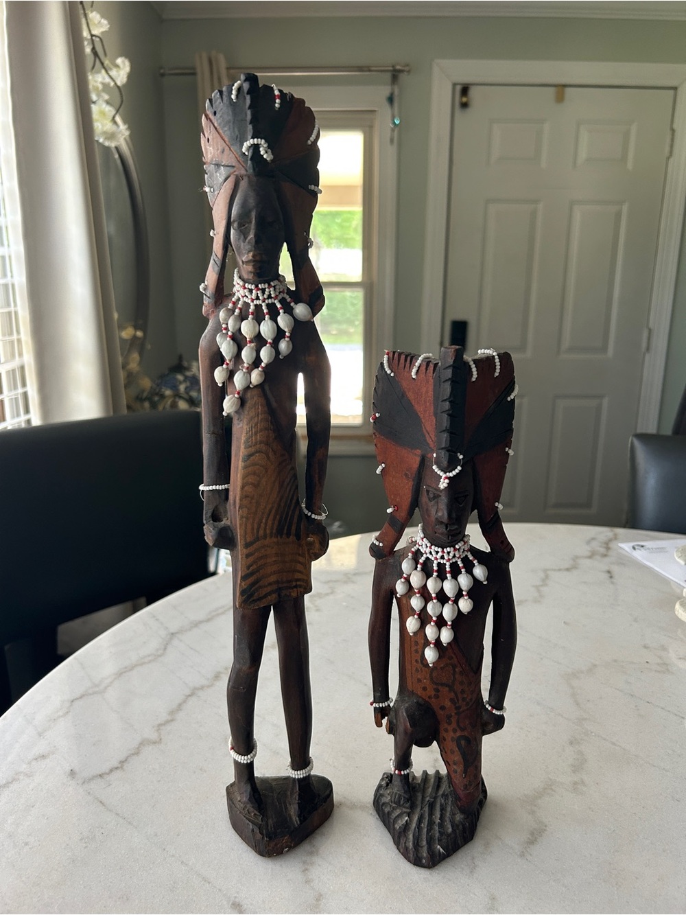 Hand-Carved Wooden Tribal Figures with Beaded Necklaces - Brown & Black